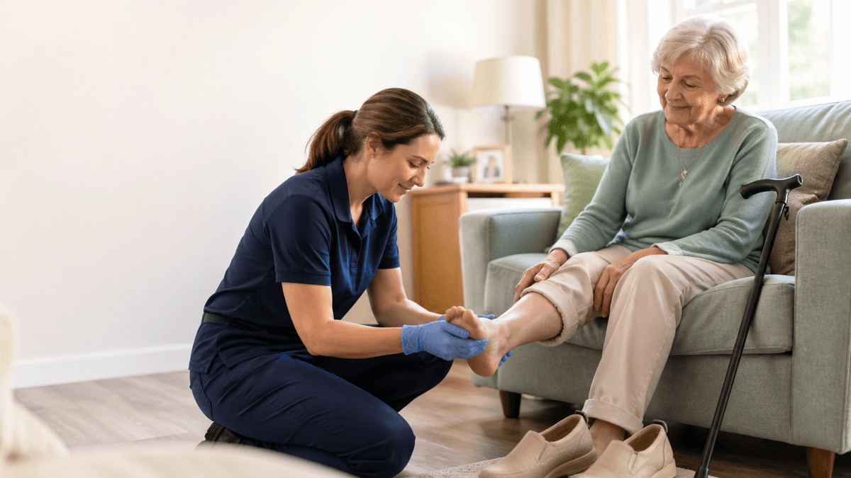 Podiatrist providing foot care at home for an older adult