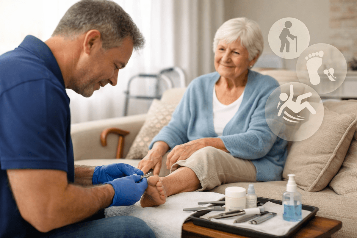 Mobile podiatrist treating an older adult at home in Adelaide
